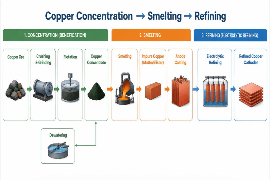 Process Between Copper Concentration, Smelting, and Refining